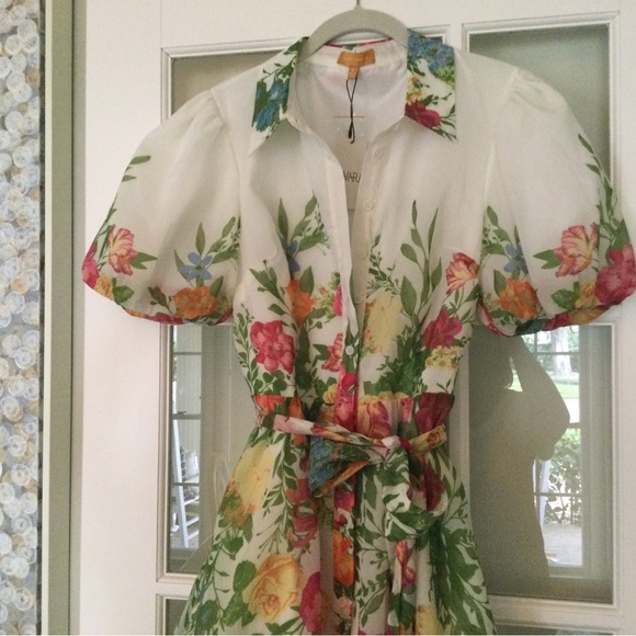 Flying Tomato Dresses & Skirts - Floral Puff-Sleeve Shirt Midi Dress - White with Multi-Color Floral Print